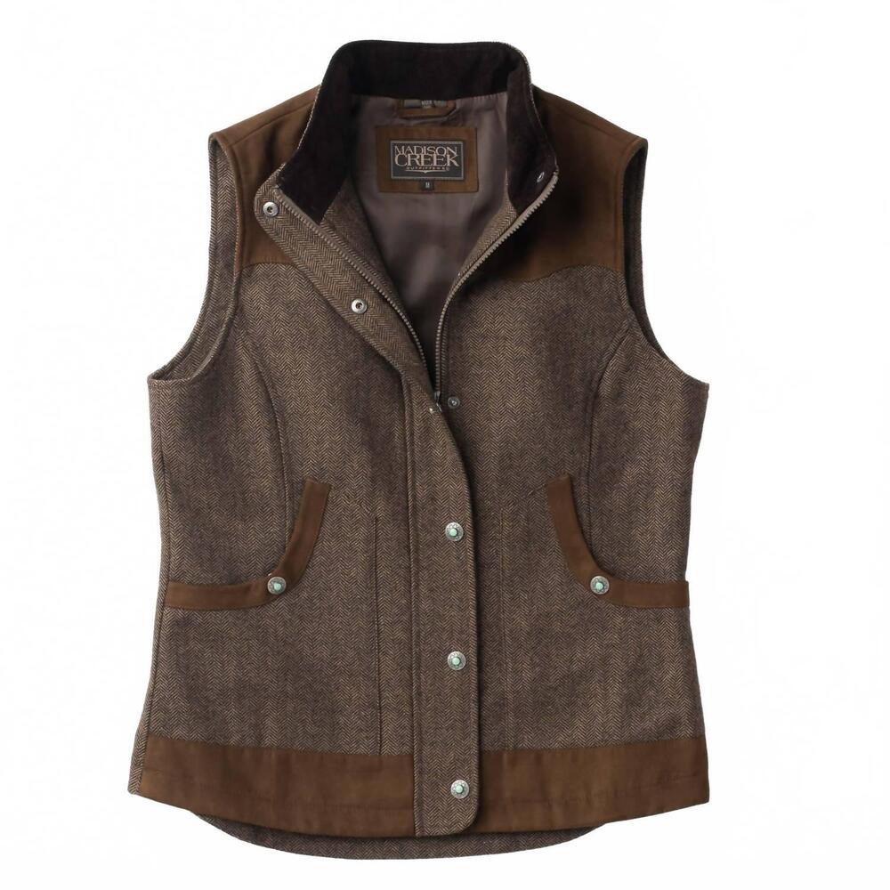 NEW MADISON CREEK OUTFITTERS women's channel wool vest in tan herringbone